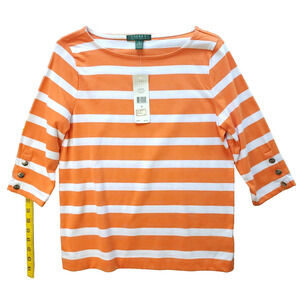 Lauren Peach & White Cotton 3/4 Sleeve Pullover Blouse Small MSRP $69.50